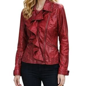 Y2K Jolt Red Ruffle Faux Leather Pleather Biker Jacket Coat Womens Medium